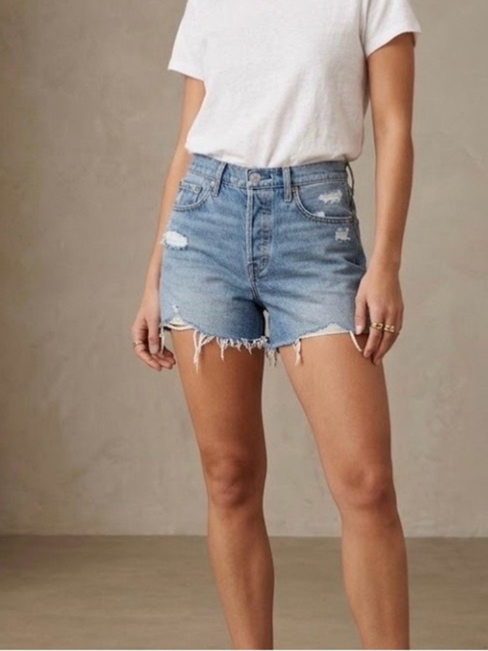 DAZE High-Rise Distressed Denim Shorts - Light Blue